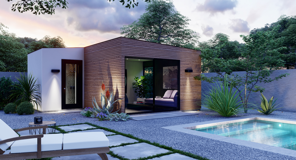 Modern ADU pool house with sleek design and landscaped backyard